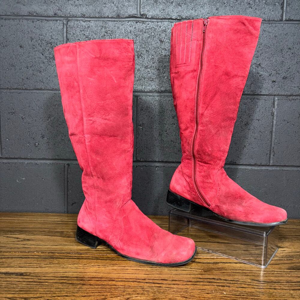 Women’s Red Suede Knee High Boots Size 12 Wide Calf Square Toe Side Zip